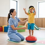 Female physiotherapist guiding a toddler through a play-based balance exercise in a pediatric therapy session