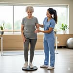 Senior patient performing balance training exercises with a physiotherapist
