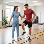 Gemini_Generated_Image_w19vn0w19vn0w19v Sports rehabilitation physiotherapist helping a soccer player perform an agility drill for return to sport training