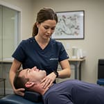 Oakville physiotherapist performing manual therapy on a patient's jaw and neck for TMJ pain relief.