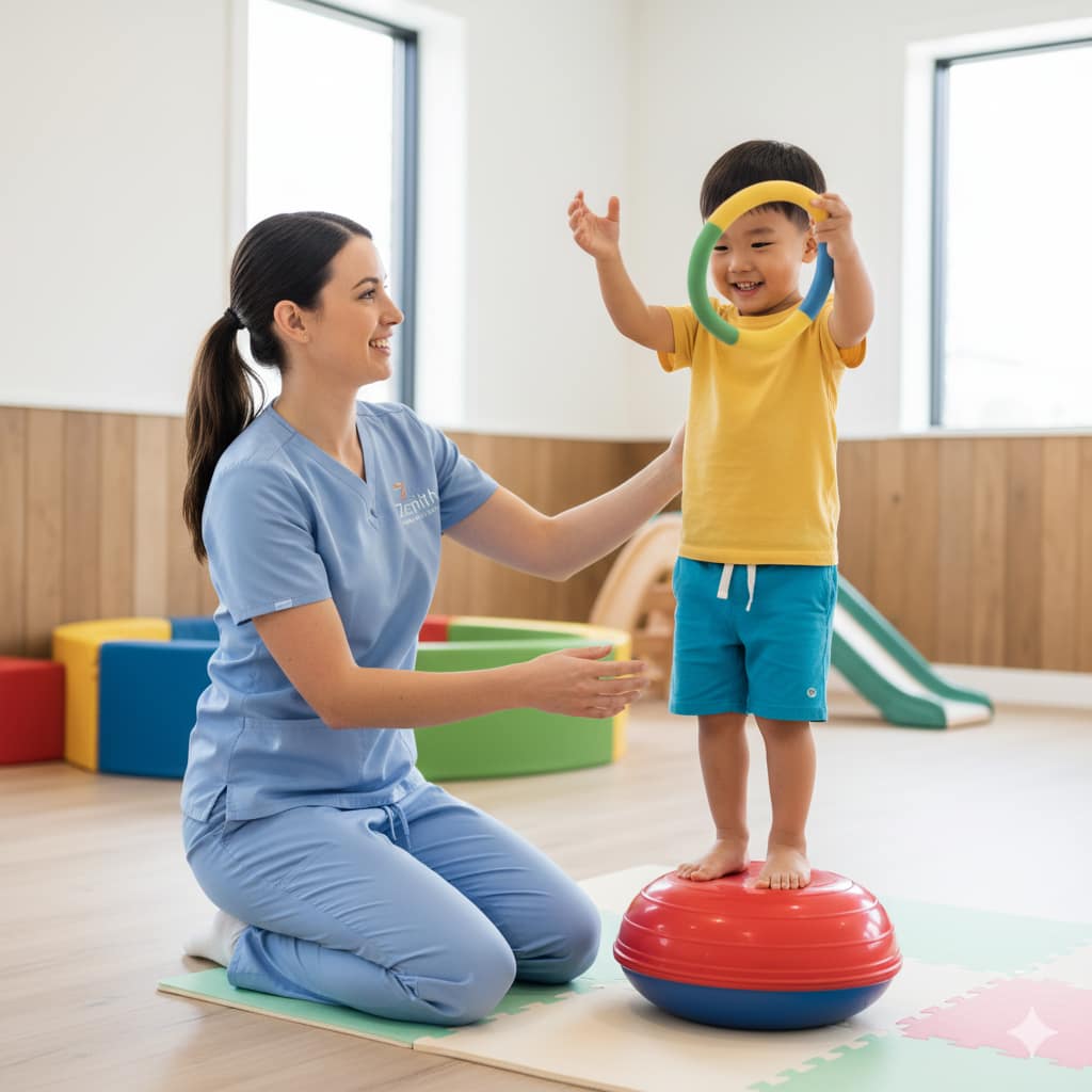 Female physiotherapist guiding a toddler through a play-based balance exercise in a pediatric therapy session